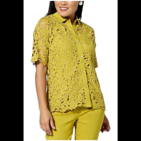 WynneCollection Abstract Floral Lace Top Chartreuse - Regular - Picture 1 of 1